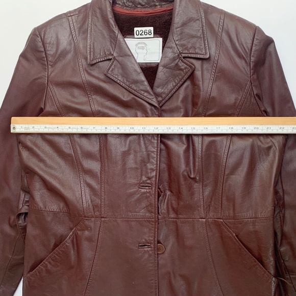 Vintage 90s Red Brown Leather Button Jacket Blazer Tie Waist Removable Lining L - Picture 9 of 16